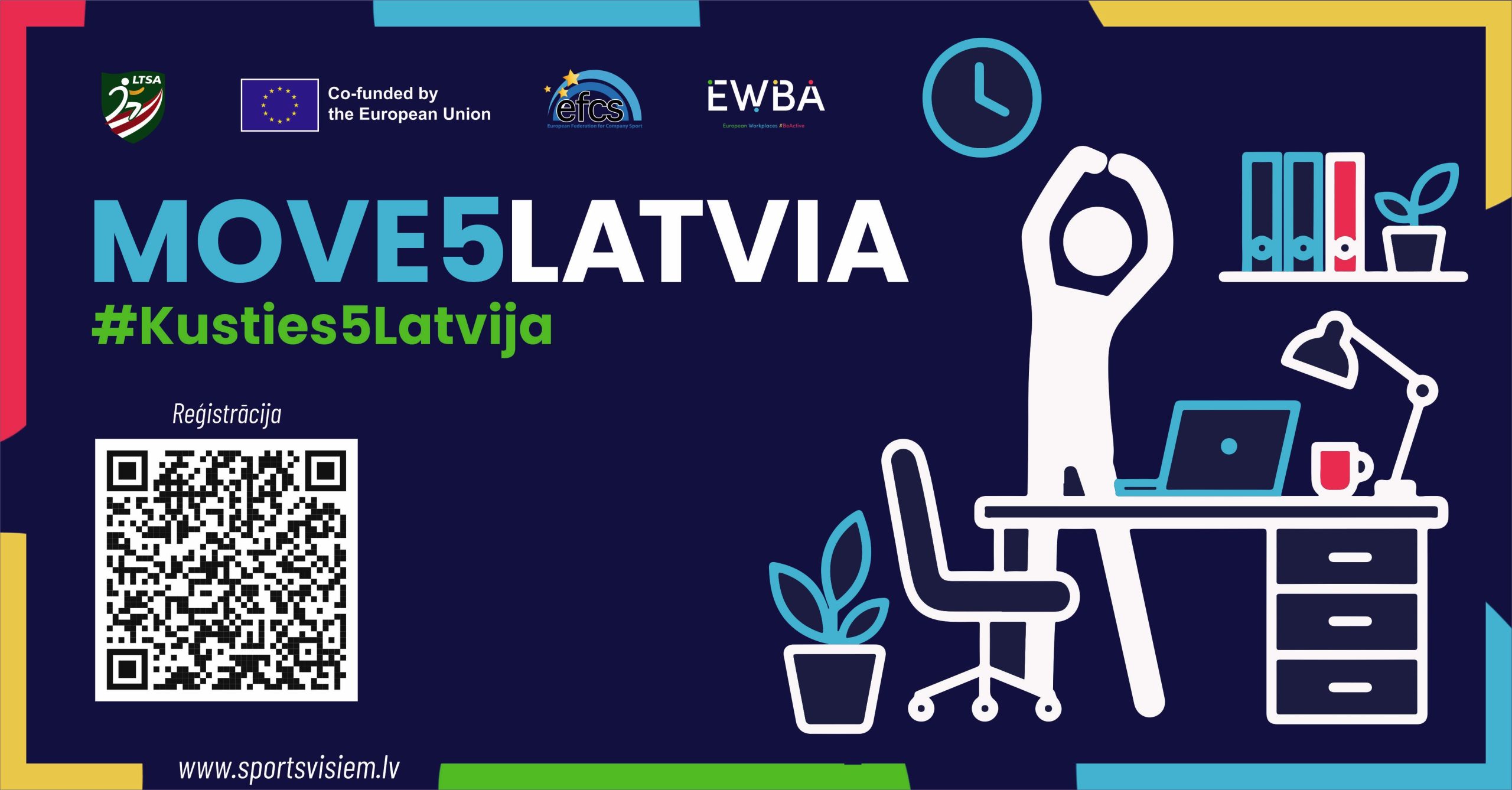 Jauns metodiskas meteriāls biroja darbiniekiem "Esi aktīvs darbavietā" (#Kusties5Latvija | Move5Latvia) - LTSA, Latvijas Tautas Sporta Asociācija